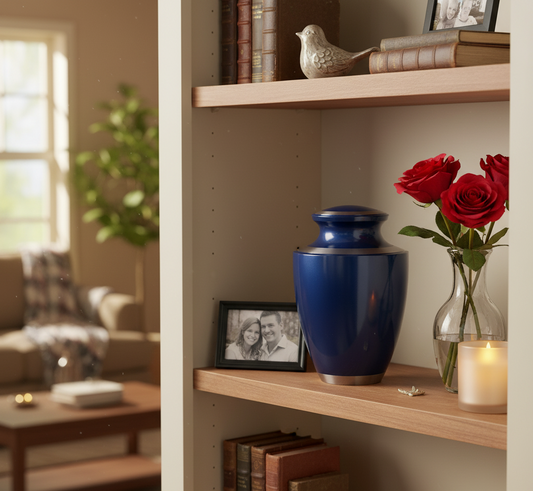 Close-up of a deep blue cremation urn displayed on a light wood bookshelf next to a vase of red roses, a framed couple's photo, and a glowing candle in a sunlit home setting