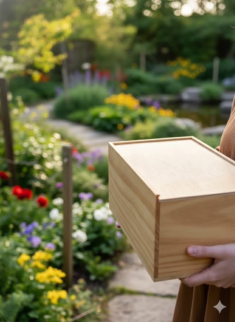 Person holding a wooden box in a garden with flowers and a pond in the background