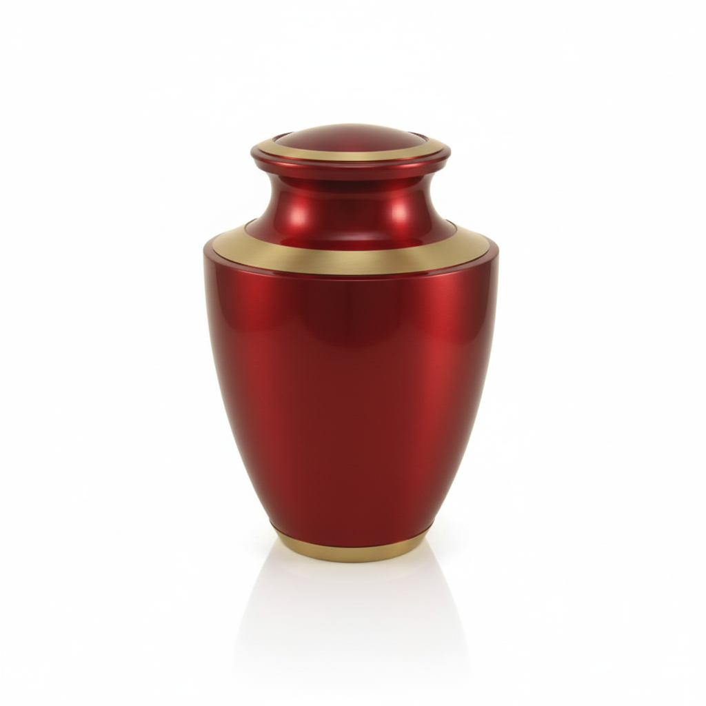 A beautifully crafted red cremation urn with elegant gold bands, displayed on a pure white reflective surface in a professional studio product shot, highlighting its sleek design and high-quality finish