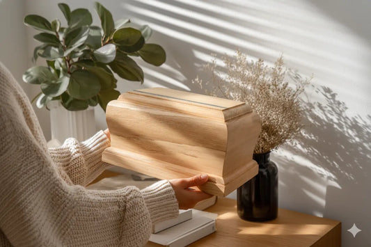 Person holding a wooden urn on a table with a plant and vase in the background