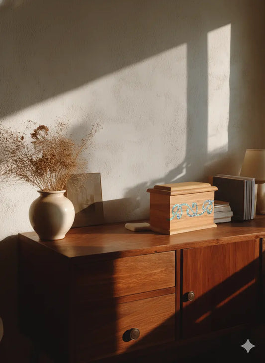 Recycled Rimu Wood Cremation Urn with Paua Kowhaiwhai