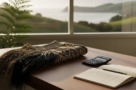 A wooden desk with an open notebook, pen, and calculator next to a folded Korowai (Māori cloak), with a bright window overlooking a lush green New Zealand bay.