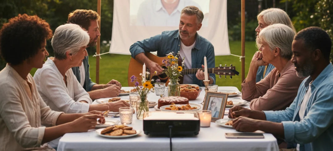 A multi-generational family in their backyard home, gathered around a table with food and photos projecting their loved one, a personal tribute