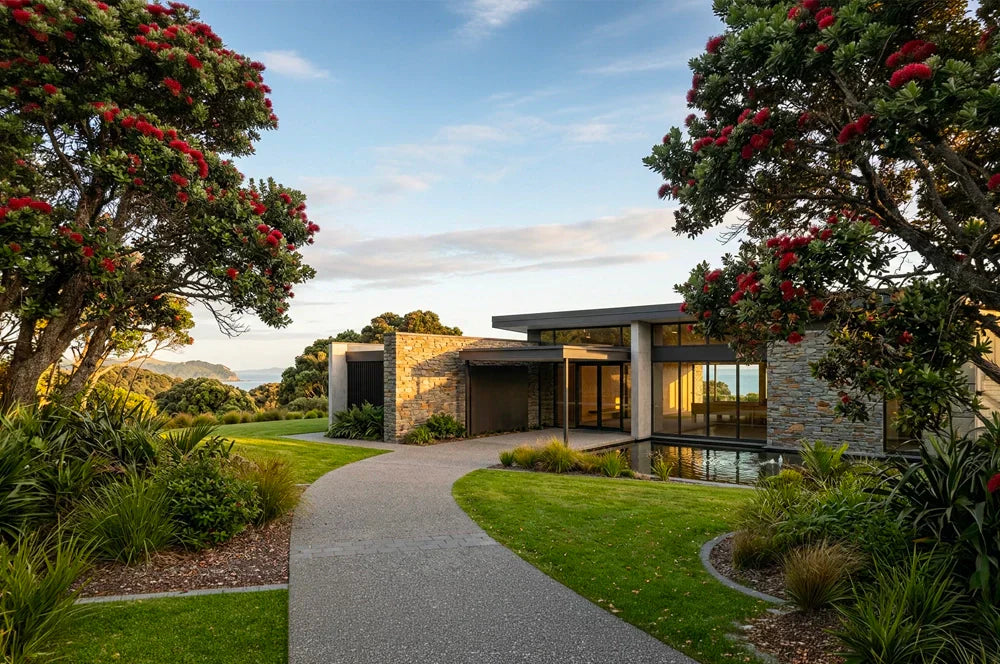 Serene NZ funeral home exterior surrounded by pōhutukawa trees and coastal views