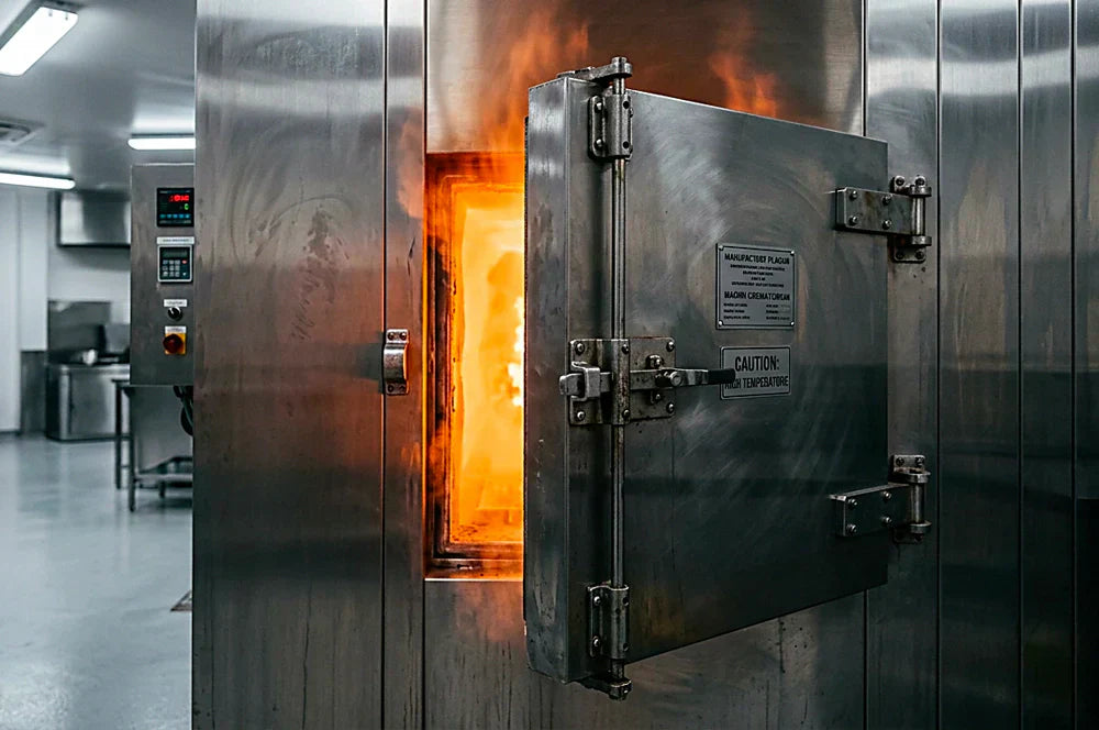 Open cremator chamber showing high-temperature flames inside a professional cremation facility