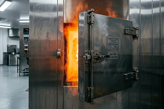 Open cremator chamber showing high-temperature flames inside a professional cremation facility