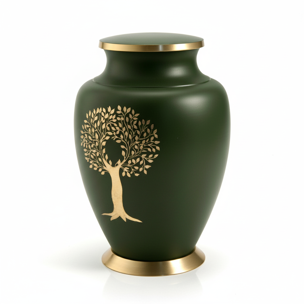 Green urn with gold tree design on a white background