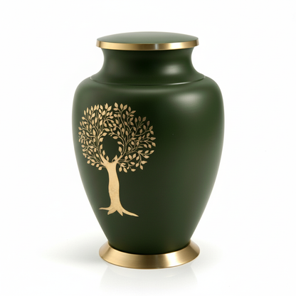 Green urn with gold tree design on a white background
