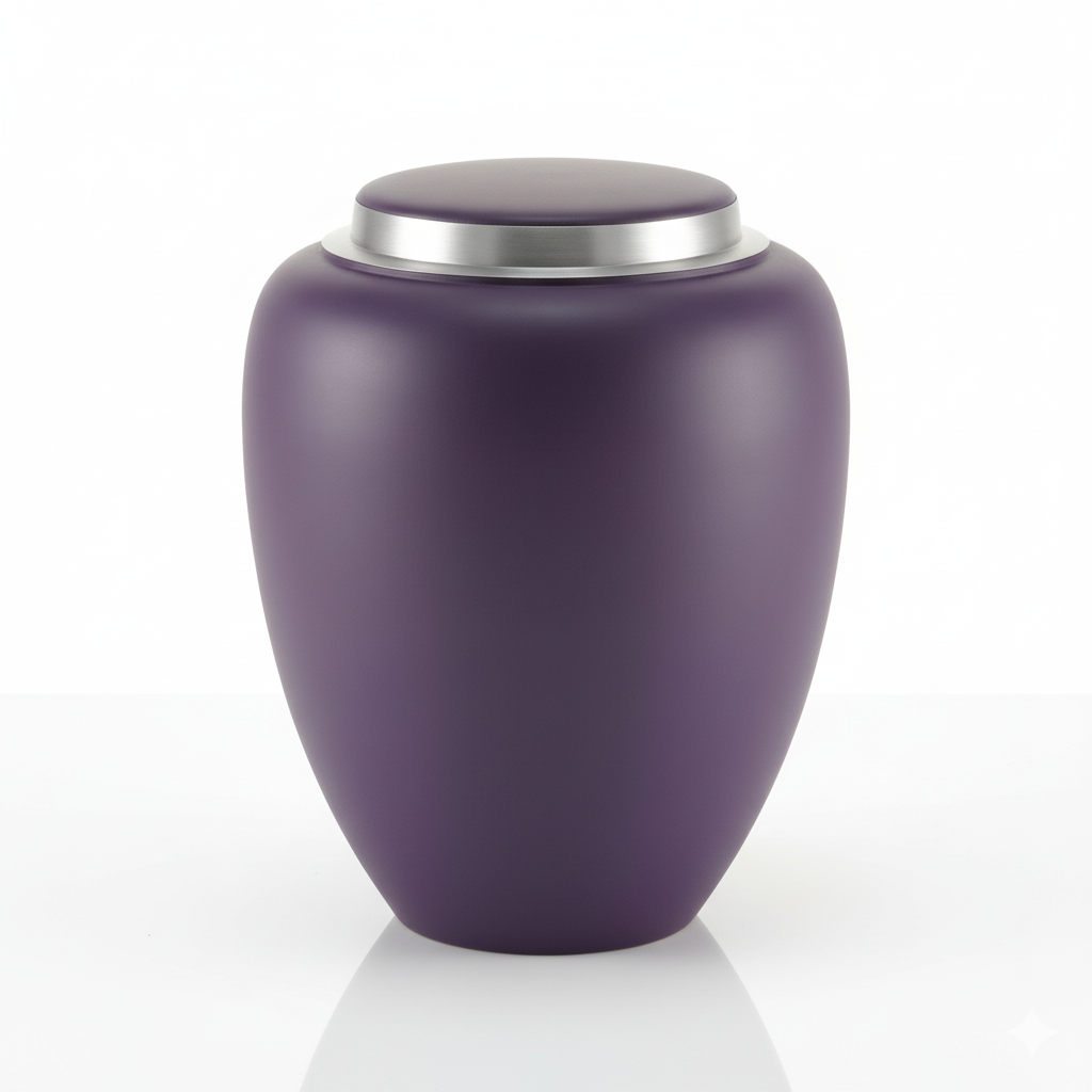 Purple urn with a silver lid on a white background