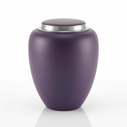 Purple urn with a silver lid on a white background