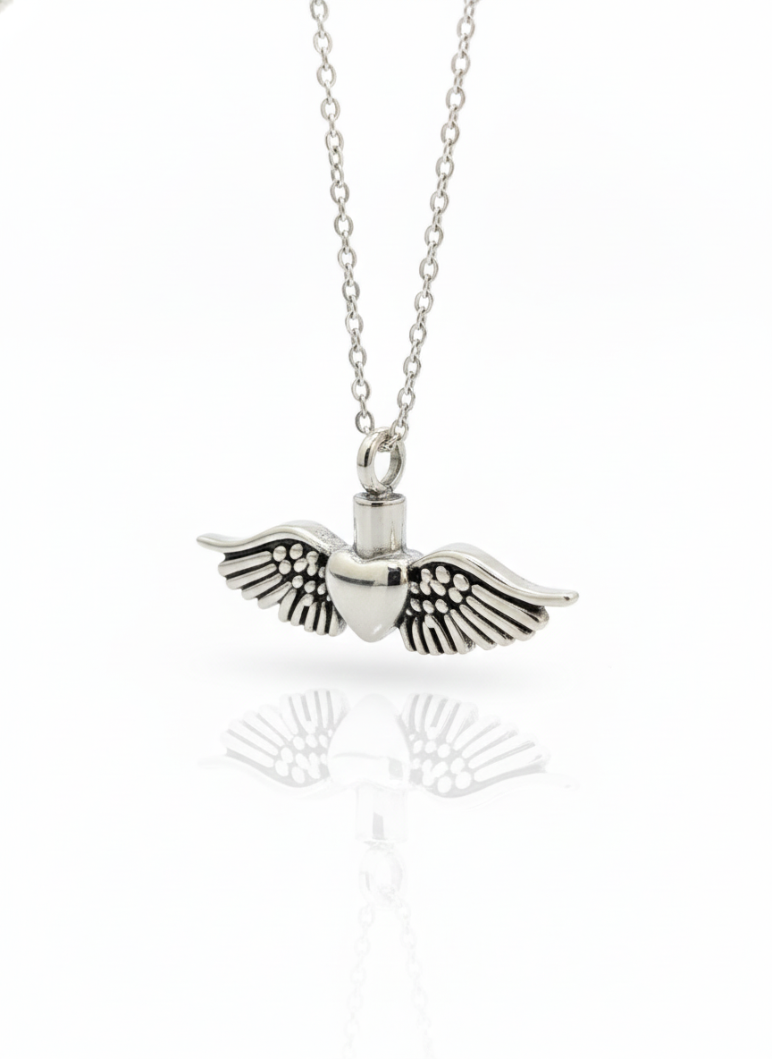 Silver pendant with wings on a chain against a white background