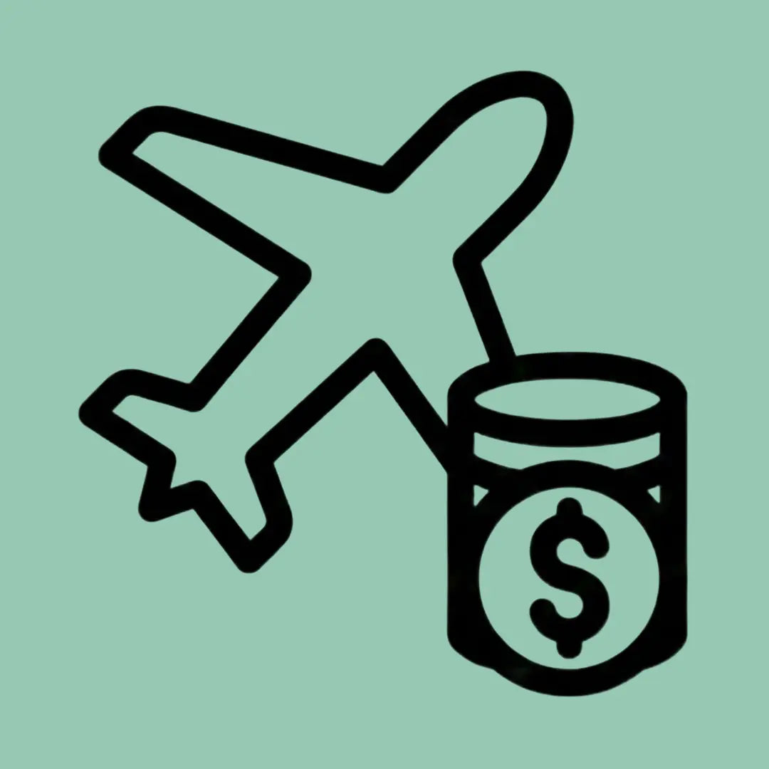 A minimalist black line icon featuring an airplane flying upward next to a stack of coins with a dollar sign, representing travel costs, set against a sage green background
