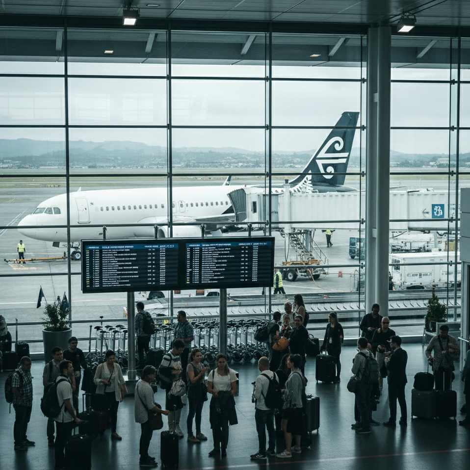 People wait in a busy airport terminal with large windows looking out onto an airplane docked at a gate, ready for departure. The airline's black and white logo is visible on the plane's tail