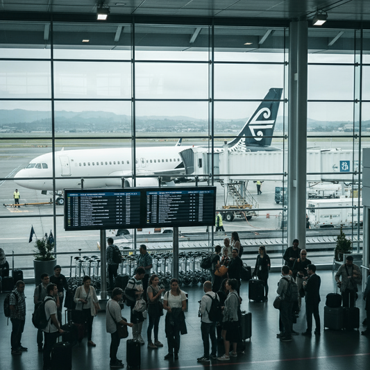 People wait in a busy airport terminal with large windows looking out onto an airplane docked at a gate, ready for departure. The airline's black and white logo is visible on the plane's tail