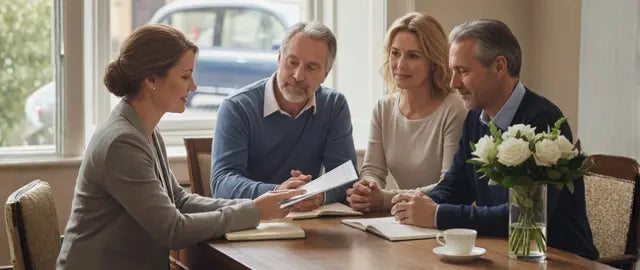 Auckland funeral director meeting with a couple to discuss funeral arrangement options and paperwork.