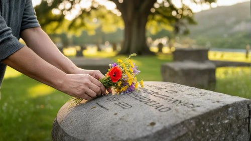 Person placing flowers on a grave at an Auckland cemetery – Lagoon View Funeral Services offering compassionate graveside care.
