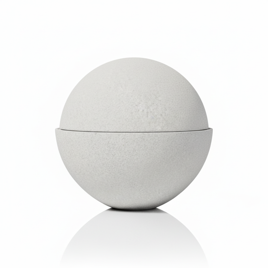 Studio product shot of the Esfera biodegradable sand urn shown in a three-quarter view against a reflective white background.