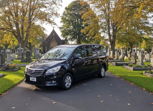Black hearse on a road with a cemetery in the background