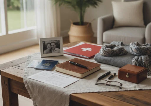 Essential documents and personal items to bring for funeral arrangements in Auckland. Passport, clothes, and marriage certificate on a table