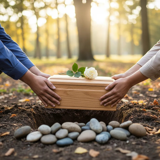 Hands gently lowering a wooden urn with a white rose into a grave with river stones in a sunlit park, symbolizing a peaceful cremation burial or ash scattering ceremony in a natural setting
