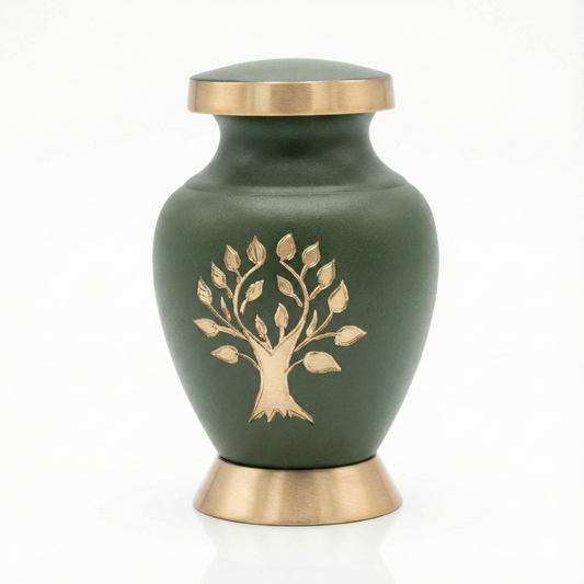 A dark green metal cremation urn featuring a detailed gold Tree of Life engraving on the center. The urn possesses a smooth matte finish with polished brass accents on the secure threaded lid and the sturdy base, set against a pure white background.