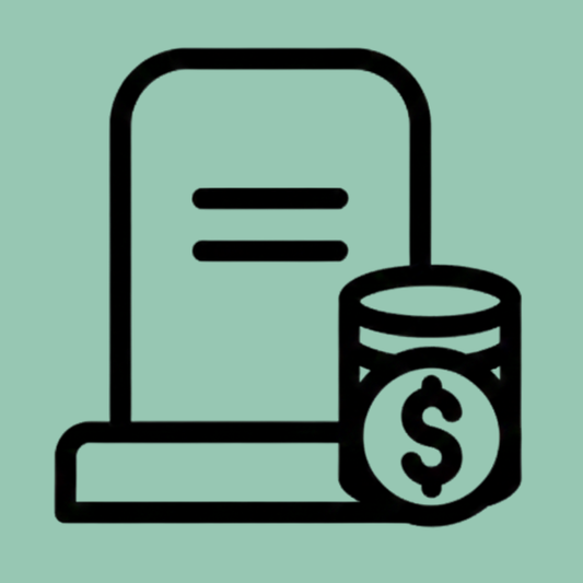 Icon of a gravestone with a dollar sign on a light green background