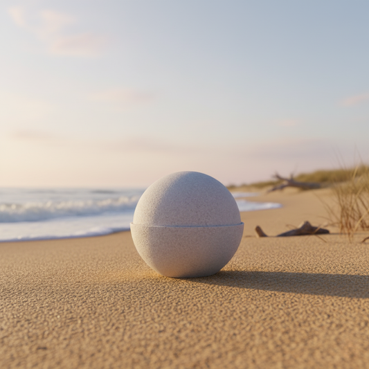 A biodegradable, dissolving scattering urn for ashes, rendered peacefully on golden beach sand near the ocean waves, symbolizing an environmentally friendly water burial