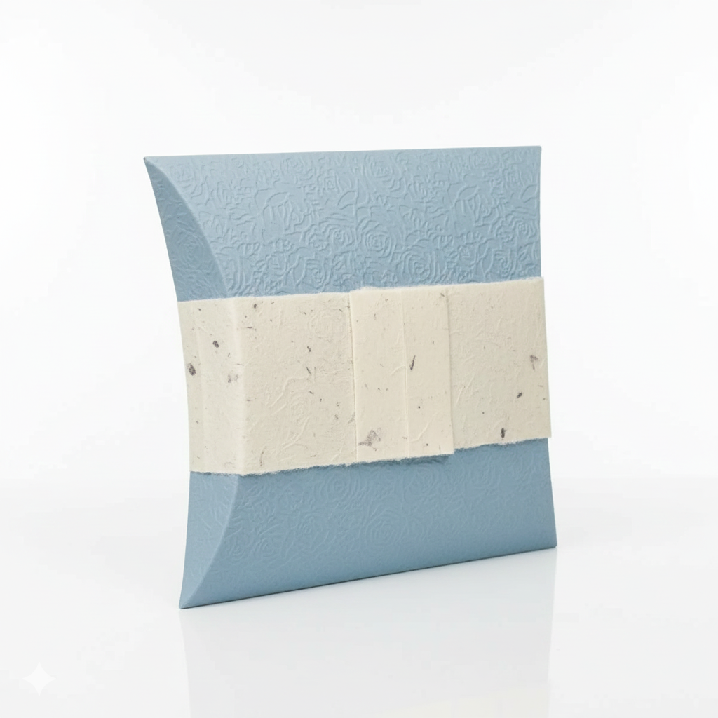 A light blue eco-friendly seed paper pillow urn, designed for a sustainable and gentle memorial. The urn features a textured rose pattern and is wrapped with a natural, speckled seed paper band, presented on a clean white background with a subtle reflection