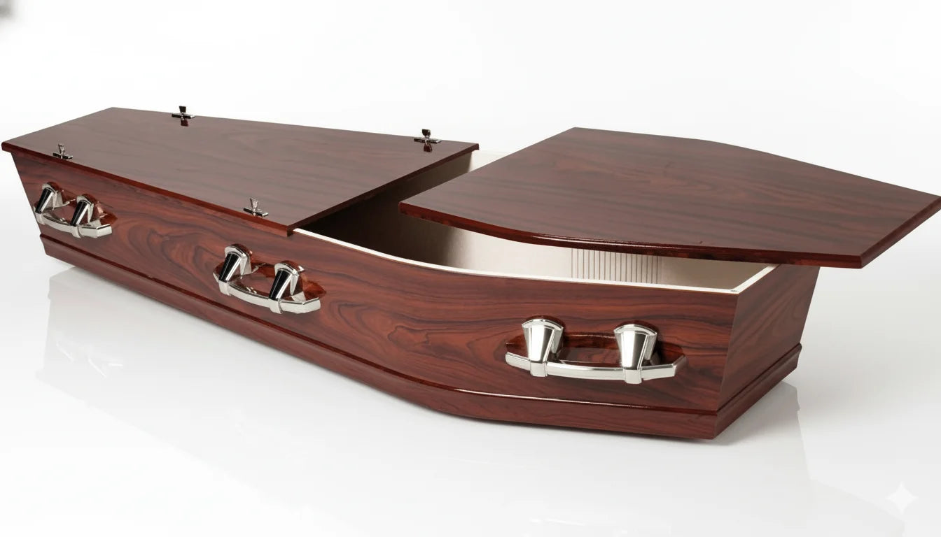 A high-quality product photograph of an elegant mahogany-finished casket with polished chrome handles, presented from a three-quarter view on a pure white, reflective studio background with soft, even lighting. The casket's rich wood grain and the interior lining are clearly visible