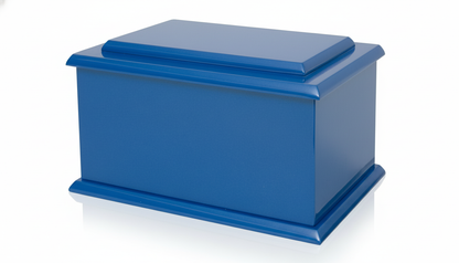 A high-quality product shot of an elegant wooden funeral urn, featuring a rich, polished wood grain. The urn is displayed in a three-quarter view against a clean, pure white studio background with a subtle reflective surface, illuminated by bright, soft, and evenly diffused lighting to highlight its classic design and craftsmanship