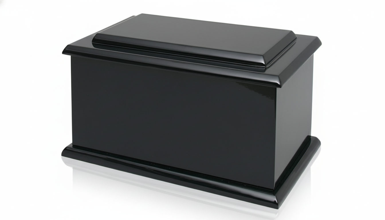 A high-quality product shot of an elegant wooden funeral urn, featuring a rich, polished wood grain. The urn is displayed in a three-quarter view against a clean, pure white studio background with a subtle reflective surface, illuminated by bright, soft, and evenly diffused lighting to highlight its classic design and craftsmanship