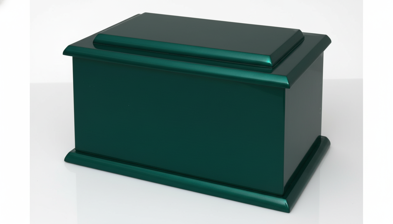 A high-quality product shot of an elegant wooden funeral urn, featuring a rich, polished wood grain. The urn is displayed in a three-quarter view against a clean, pure white studio background with a subtle reflective surface, illuminated by bright, soft, and evenly diffused lighting to highlight its classic design and craftsmanship