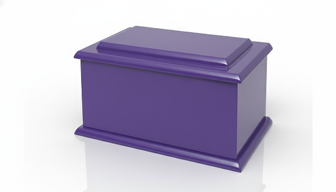 A high-quality product shot of an elegant wooden funeral urn, featuring a rich, polished wood grain. The urn is displayed in a three-quarter view against a clean, pure white studio background with a subtle reflective surface, illuminated by bright, soft, and evenly diffused lighting to highlight its classic design and craftsmanship