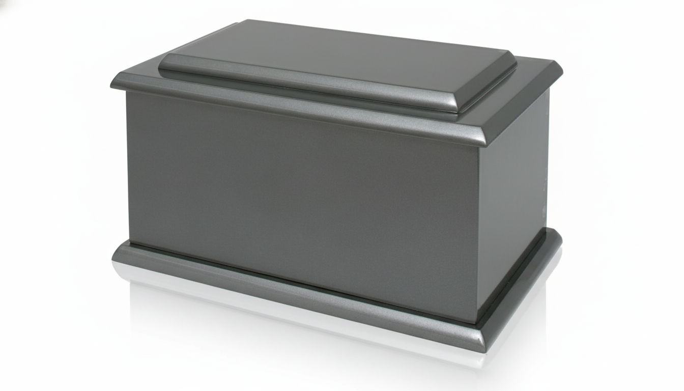 A high-quality product shot of an elegant wooden funeral urn, featuring a rich, polished wood grain. The urn is displayed in a three-quarter view against a clean, pure white studio background with a subtle reflective surface, illuminated by bright, soft, and evenly diffused lighting to highlight its classic design and craftsmanship