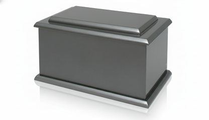 A high-quality product shot of an elegant wooden funeral urn, featuring a rich, polished wood grain. The urn is displayed in a three-quarter view against a clean, pure white studio background with a subtle reflective surface, illuminated by bright, soft, and evenly diffused lighting to highlight its classic design and craftsmanship