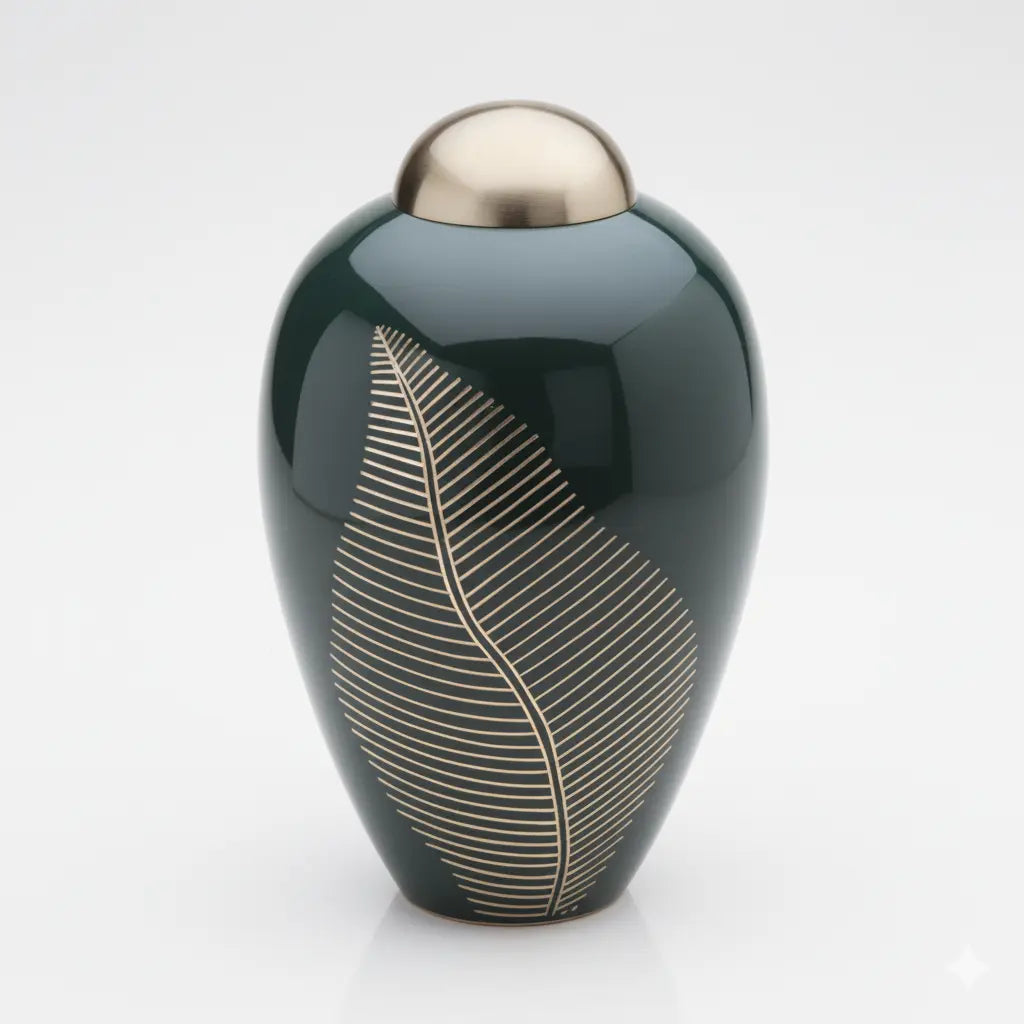 Modern metal urn for ashes in deep green with a reflective gold top and a detailed botanical leaf pattern.