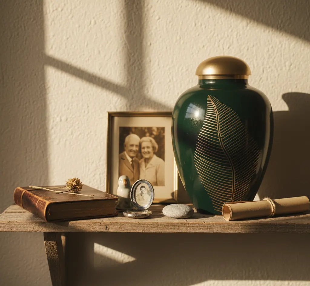 Memorial shelf display featuring a dark green urn with a gold leaf design, a pocket watch locket, a leather journal, and a couple's framed photograph in warm light.