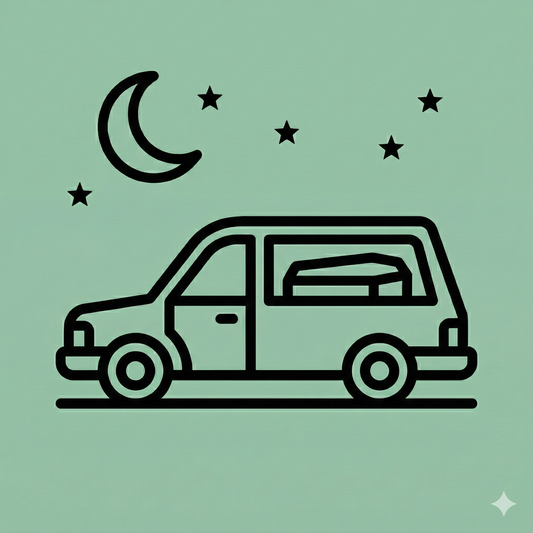 A minimalist black line icon of a hearse under a crescent moon and stars, representing nighttime funeral transport services, set against a sage green background