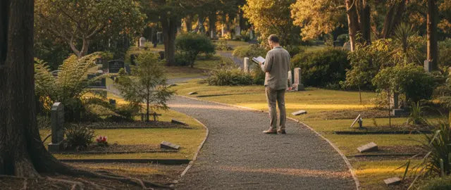 Person walking through a peaceful Auckland cemetery with a notebook, searching for a loved one’s burial location.