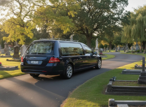 Black hearse driving through a cemetery with trees and gravestones in the background.