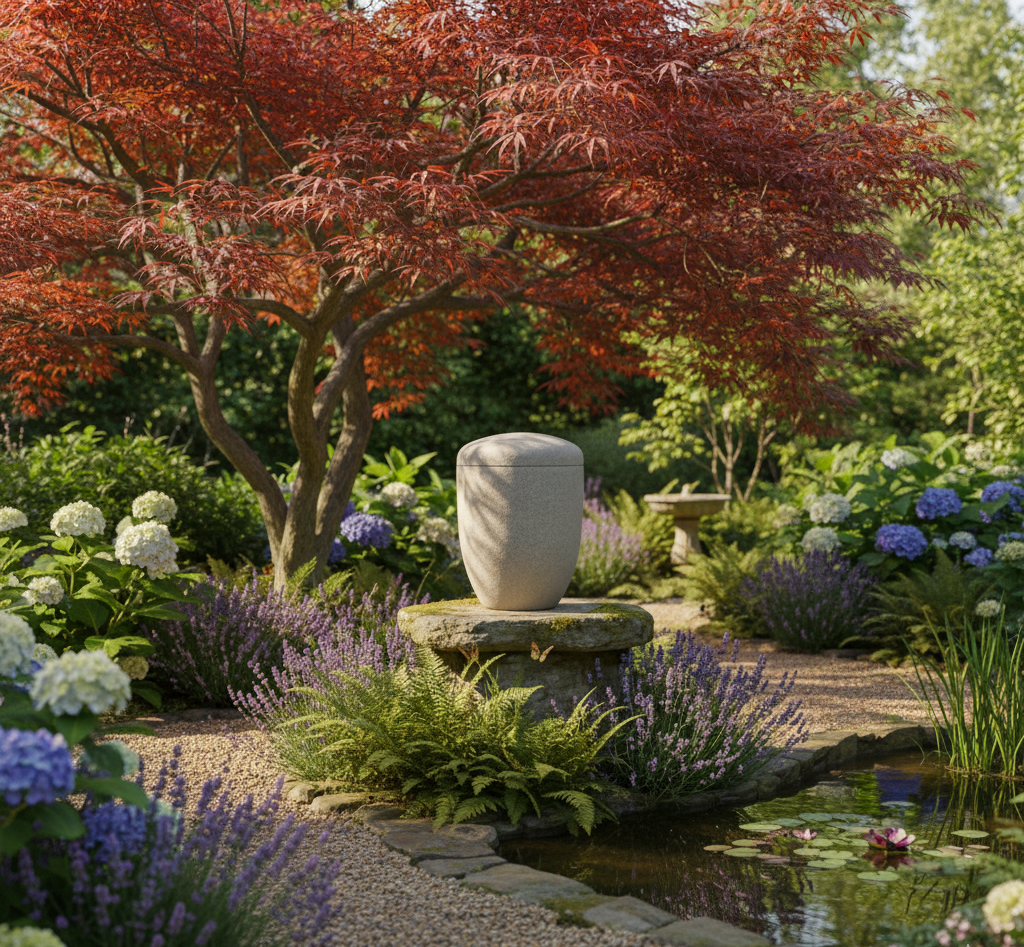 Photorealistic image of a small granite garden urn on a stone pedestal, set amidst purple lavender, white hydrangeas, and a red Japanese maple tree next to a small pond. Illuminated by bright midday sun