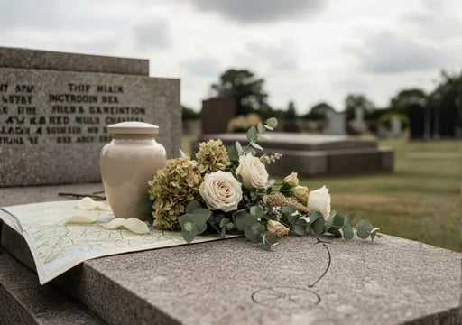 Hyperrealistic, editorial image of a memorial display on a grey granite grave headstone in a cemetery. The scene is serene, featuring a discreet, pale beige cremation urn beside an elegant arrangement of cream roses, dried hydrangeas, and eucalyptus foliage. The items rest on a slightly opened paper map (travel motif), and a subtle, curved flight path is lightly etched or drawn onto the stone's surface. The neutral tones and overcast sky convey calm remembrance and honor a life of travel