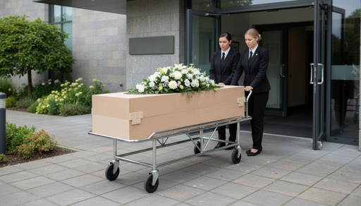 Two female funeral directors wheeling a light wood coffin adorned with white flowers into Green Meadows Crematorium. This image captures a respectful cremation service at a modern funeral home