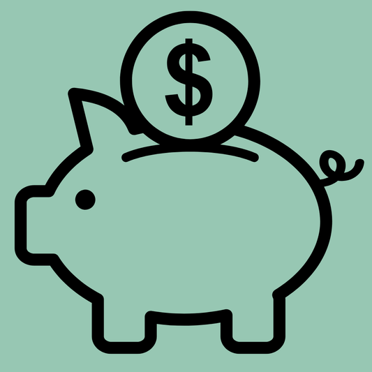 Piggy bank icon with a dollar sign coin on a light green background