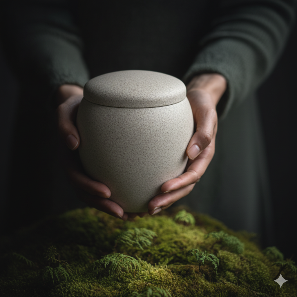 Woman holding a Breda eco urn in a calm, softly lit setting.
