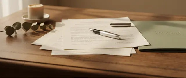 Neatly arranged legal requirements paperwork, a pen, and a green folder on a wooden desk with soft natural light.