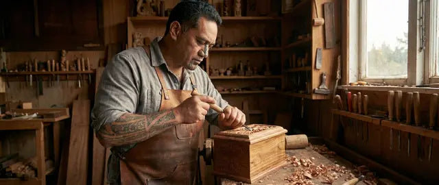 Māori artisan hand-carving traditional designs onto a native Rimu wooden cremation urn in a workshop
