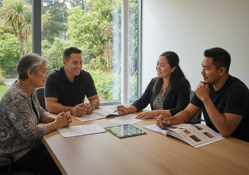 Maori family members meeting with funeral director in [Your City/Region] to discuss funeral arrangements, service choices, and planning process for whanau. Professional and unhurried conversation