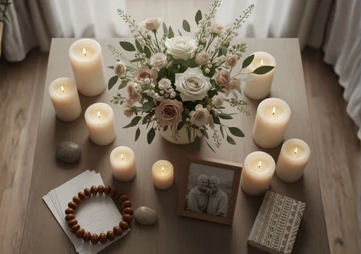 Hyperrealistic overhead view of a respectful funeral memory table setting with a neutral, warm color palette. The display includes a lush centerpiece of white and blush roses and foliage, surrounded by eight glowing pillar candles. Also visible are a framed photo of an elderly couple, a wooden beaded lei or bracelet, smooth river stones, service sheets, and a book with a subtle Polynesian-inspired pattern. This arrangement conveys peace and remembrance