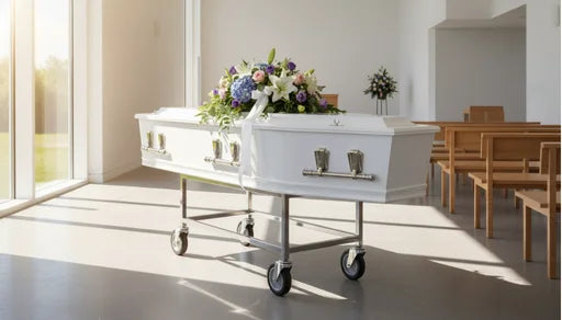 Wide shot of a modern, white casket with a vibrant floral spray on a silver trolley in a bright, sunlit chapel. The contemporary funeral setting emphasizes a refreshing, open atmosphere for a service in Auckland